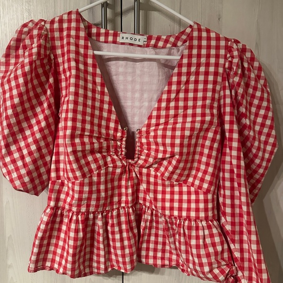RHODE Red & White Gingham Puff-Sleeve Dress with Gathered Front - Picture 2 of 5